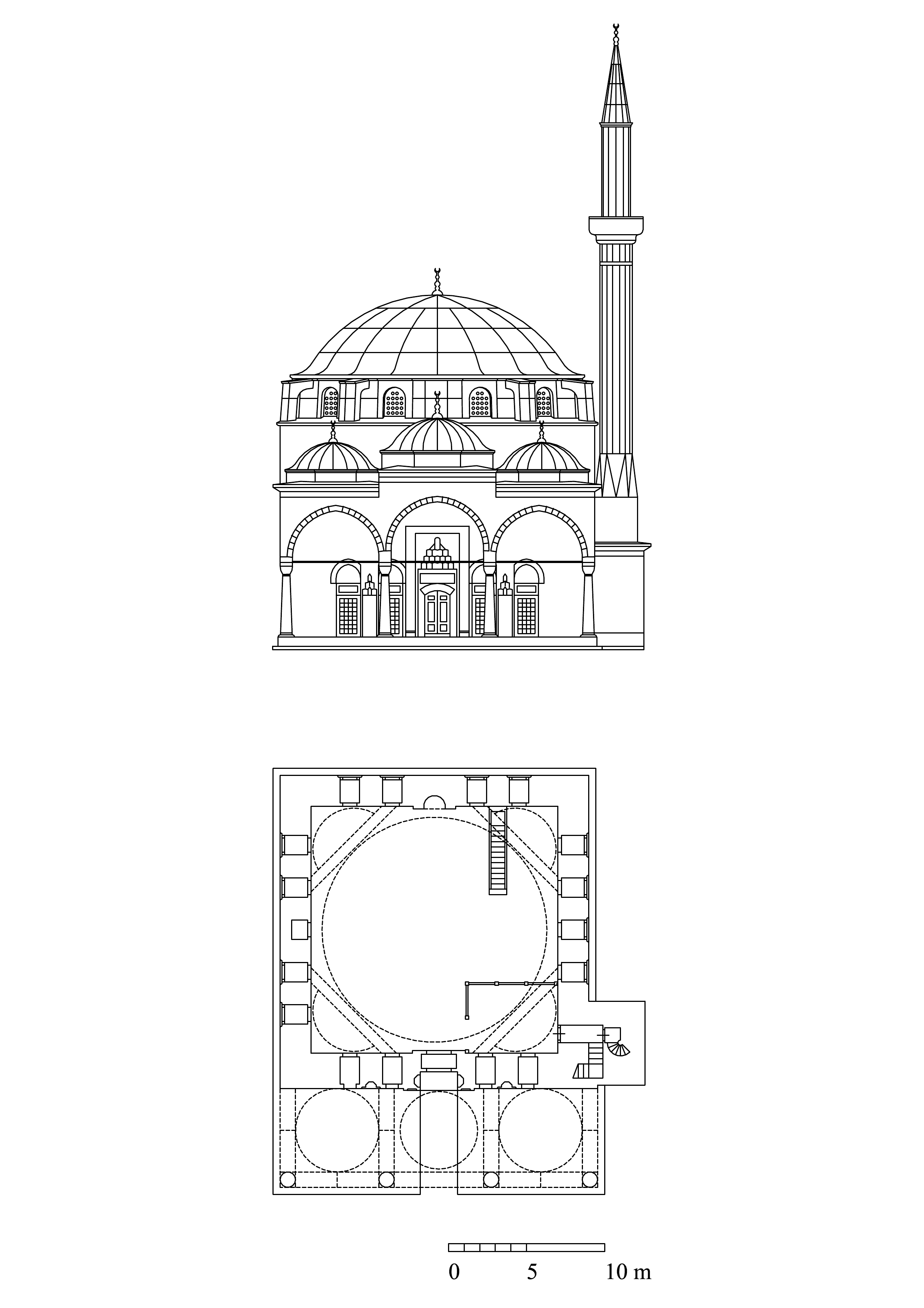 Floor plan and elevation of Cenabi Ahmed Pasa Mosque