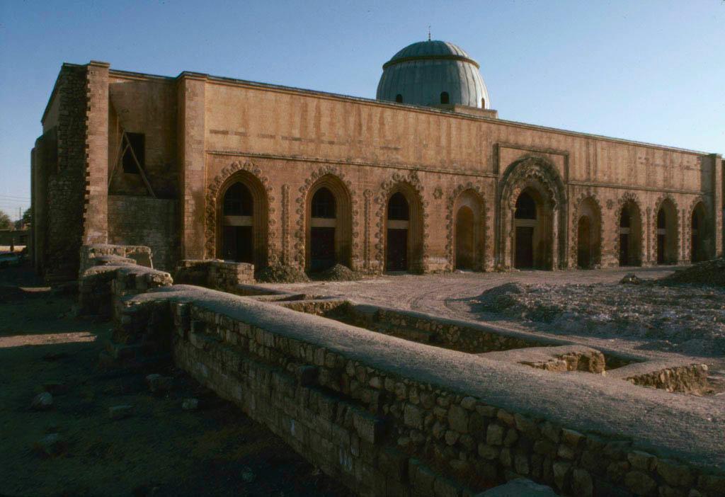 Exterior view from northeast showing foundations of courtyard walls and courtyard elevation of prayer hall