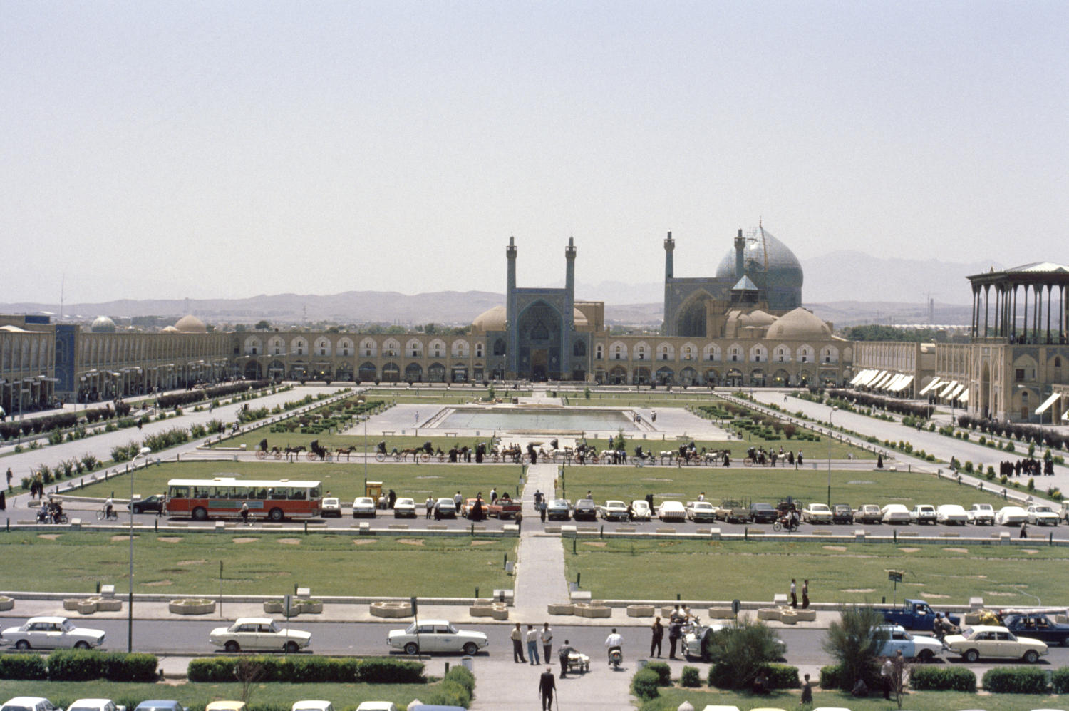 View southeast with the Mosque of Shaykh Lufallah to the left, Ali Qapu to the right, and the Mosque of the Shah ahead.