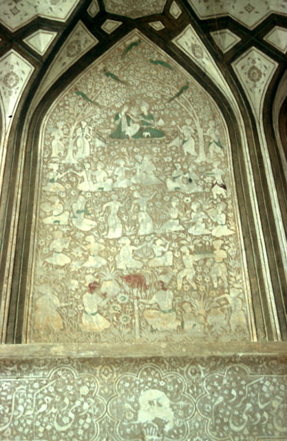 Detail view of painted stucco, after restoration