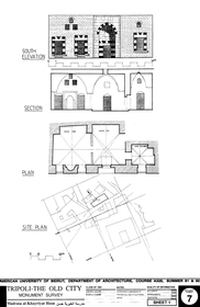 Madrasa Khayriyya Hasan - Drawing of the building, based on survey: Site plan, floor plan, section and south elevation.