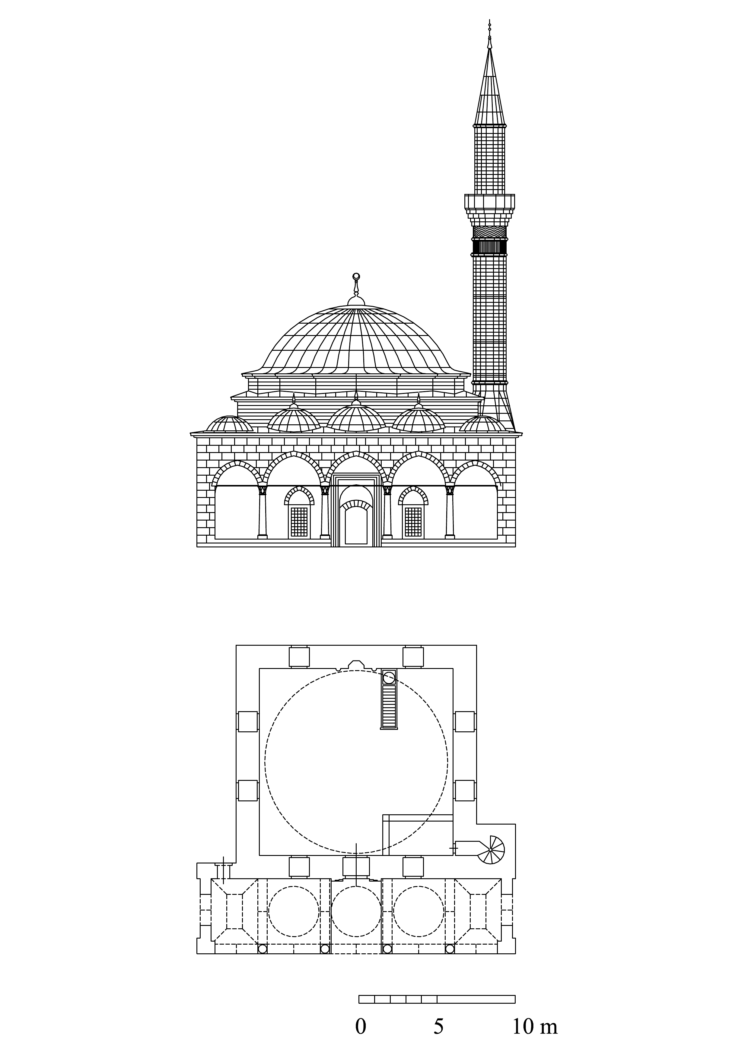 Lala Hüseyin Paşa Camii - Floor plan and elevation. DWG file in AutoCAD 2000 format. Click the download button to download a zipped file containing the .dwg file.