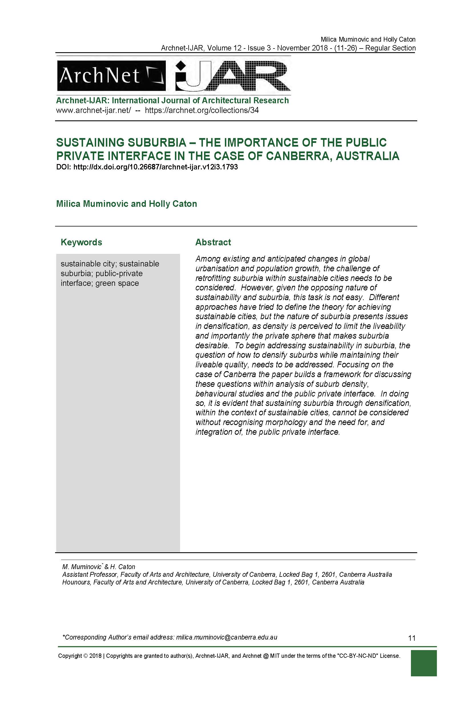 Sustaining Suburbia - The Importance of the Public Private Interface in the Case of Canberra, Australia