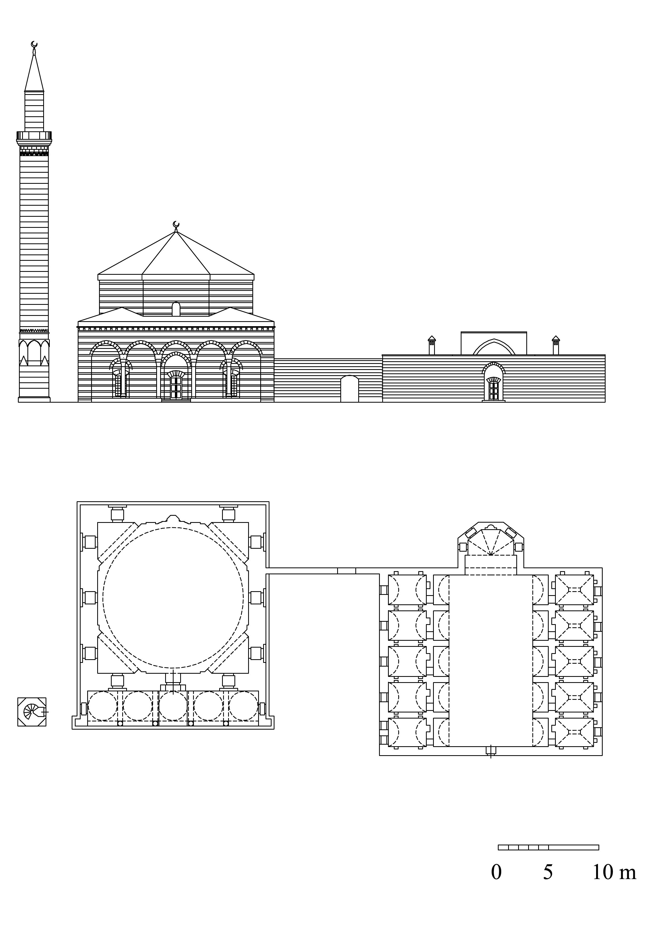 Hadım Ali Paşa Külliyesi - Floor plan and elevation of complex. DWG file in AutoCAD 2000 format. Click the download button to download a zipped file containing the .dwg file.