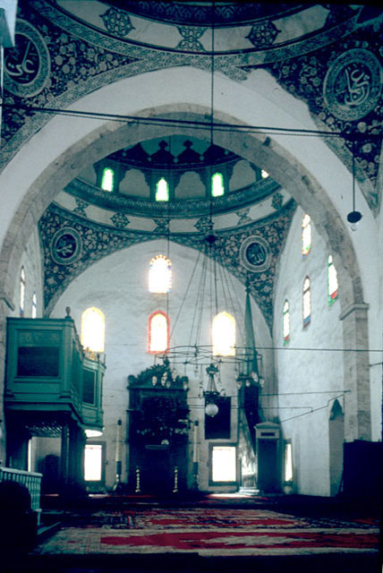 Interior view of mosque, looking towards qibla wall; the sultan's lodge to the left was added by Sultan Mahmud II in A.H. 1244