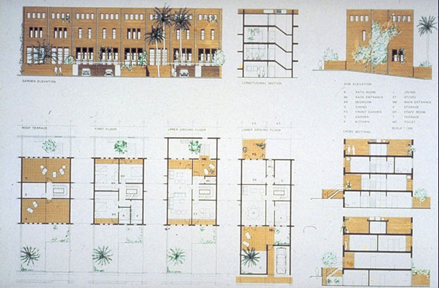 Colour drawing, plans, sections, and elevations
