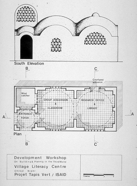 B&W drawing, plan and south elevation