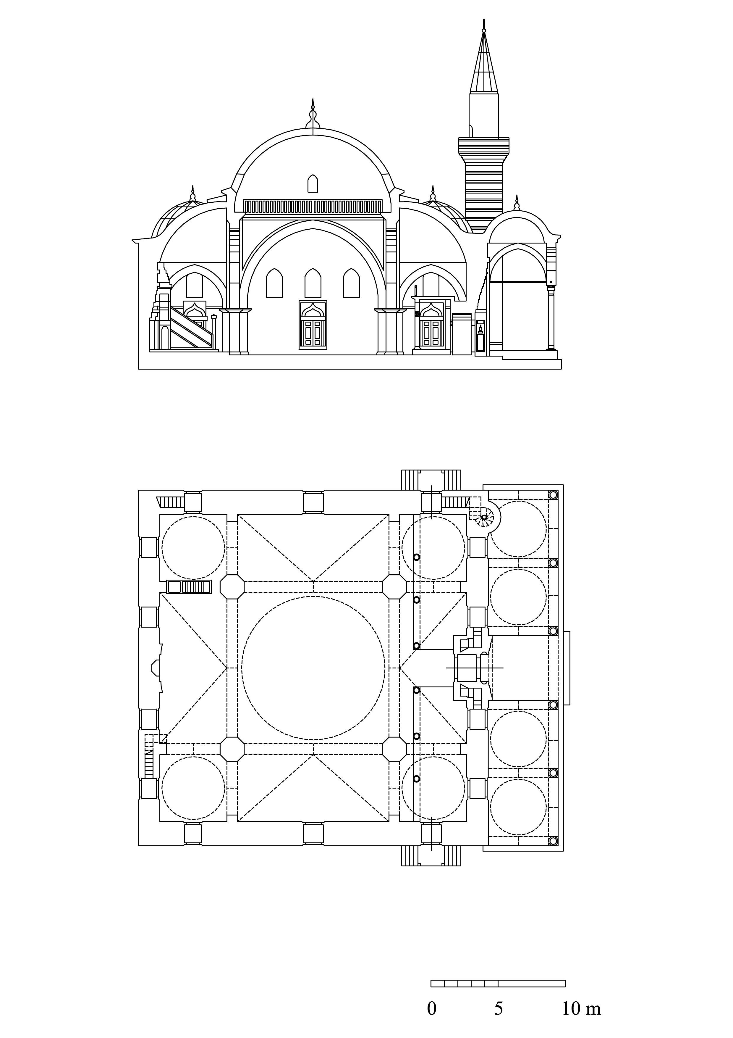 Lala Mustafa Paşa Camii - Floor plan and cross-section. DWG file in AutoCAD 2000 format. Click the download button to download a zipped file containing the .dwg file.