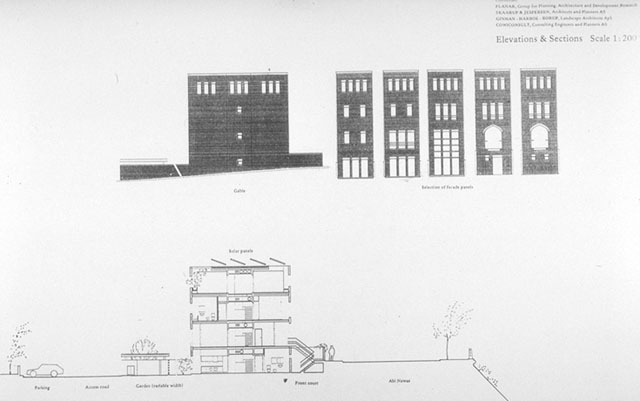 B&W drawing, elevation and section