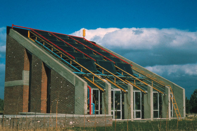 Exterior view showing sloped roof
