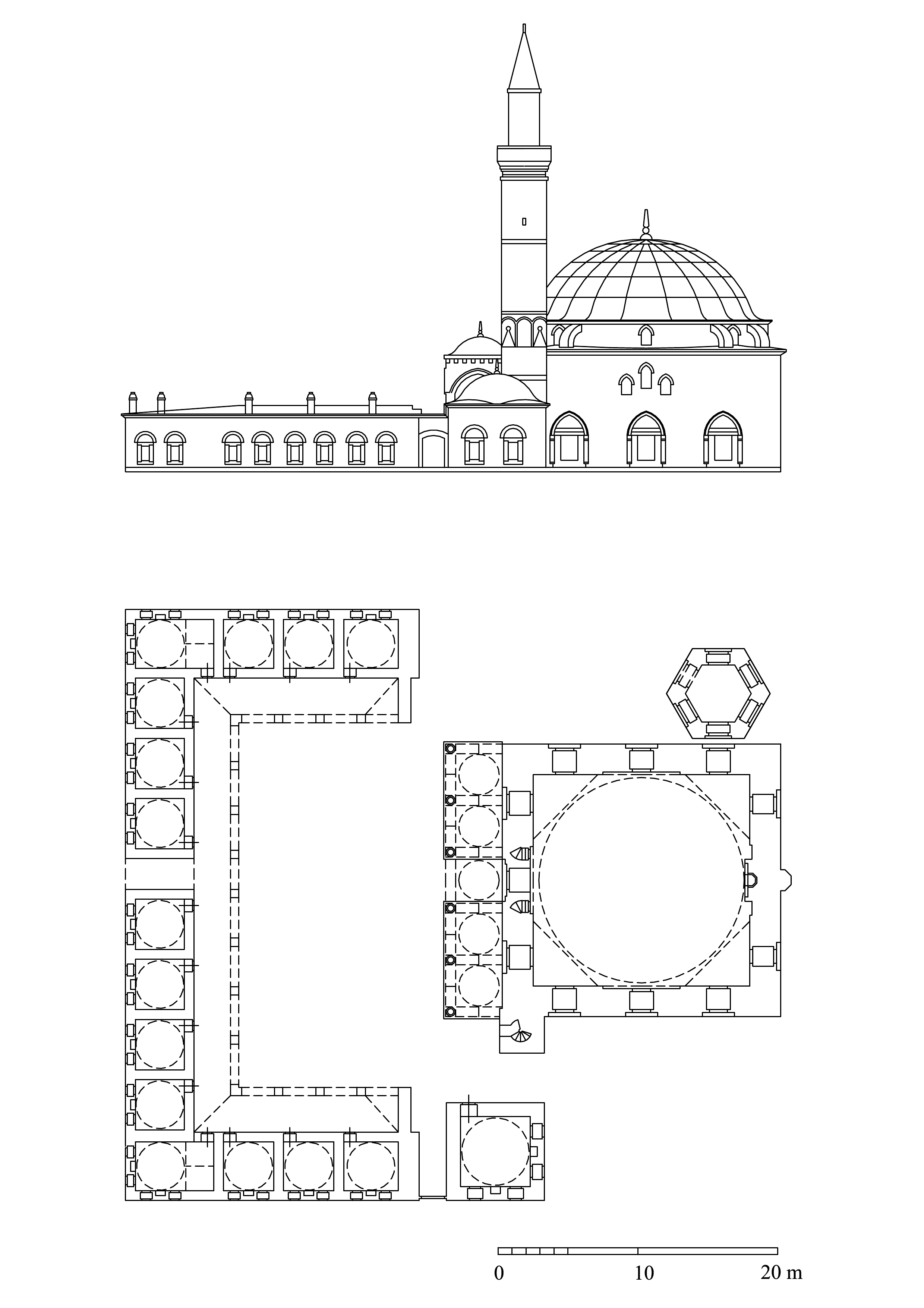 Reconstruction plan and elevation of Köse Hüsrev Pasa Mosque