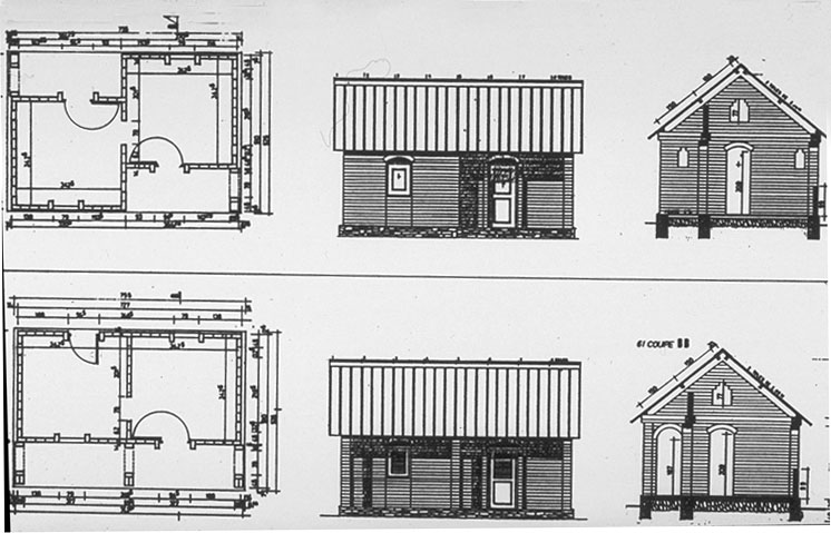 B&W drawing, plans and elevations of a typical housing unit