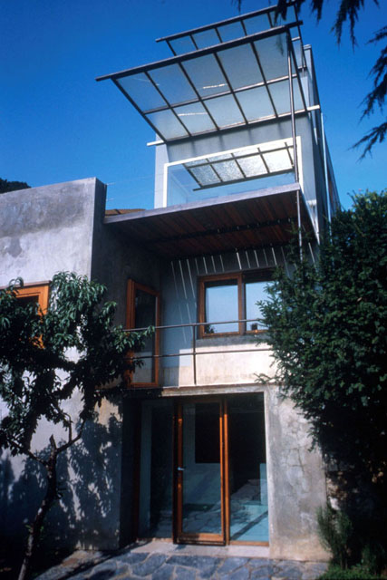 Exterior view, showing protective projecting valance