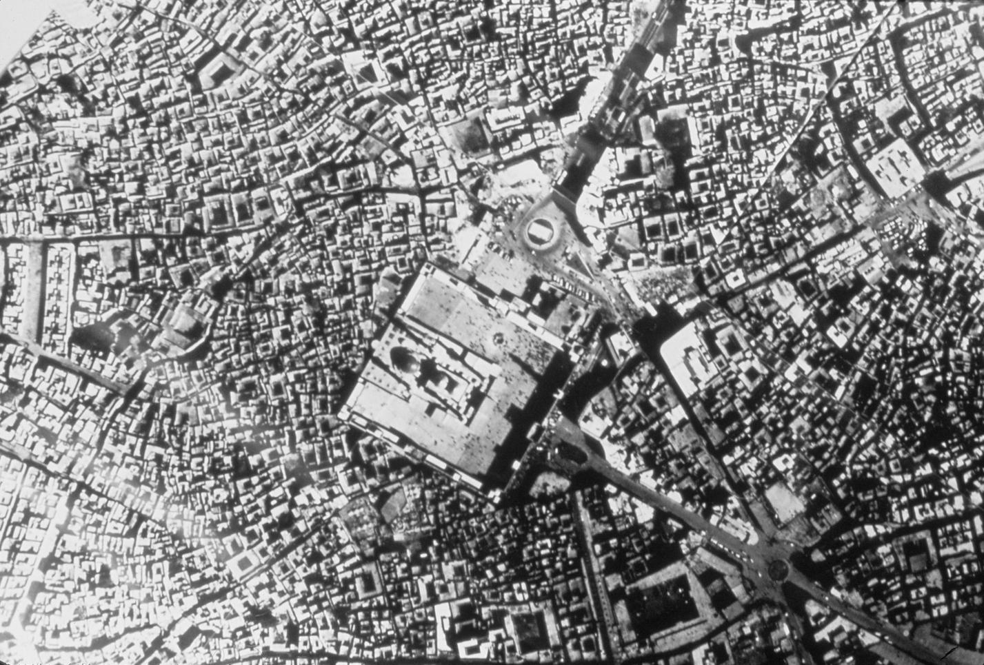 Aerial view of the shrine and its surrounding fabric before demolition