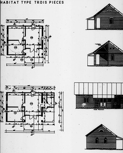 B&W drawing, plan and elevation of a three room unit