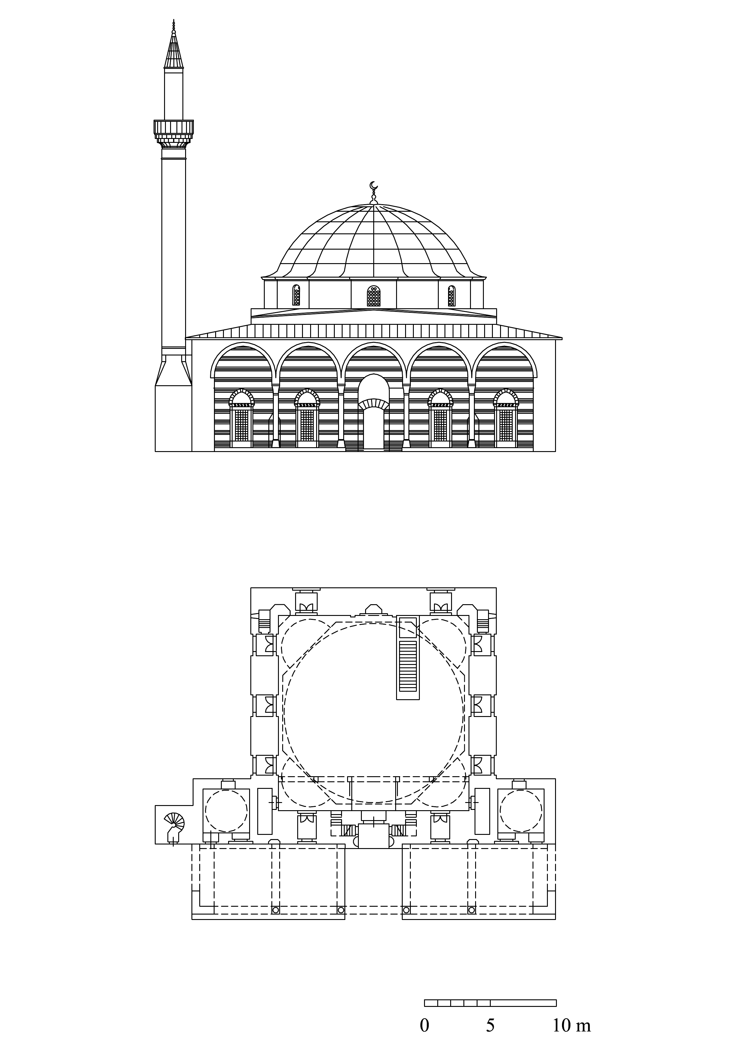 Floor plan and elevation of Diyarbakir Iskender Pasa Mosque
