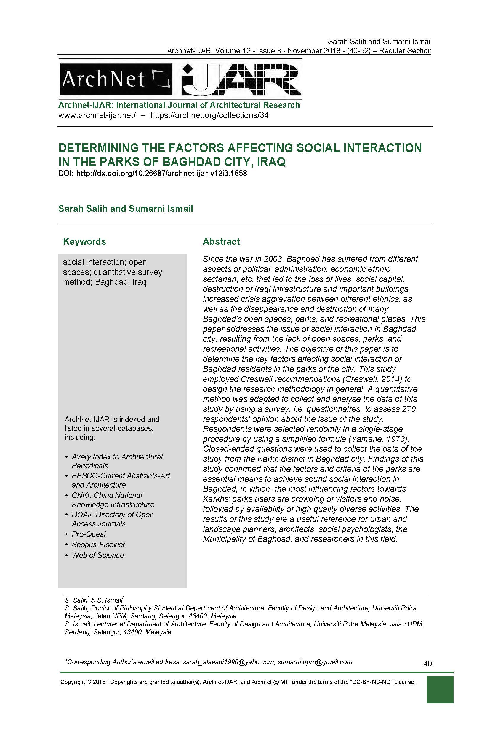 Determining the Factors Affecting Social Interaction in the Parks of Baghdad City, Iraq