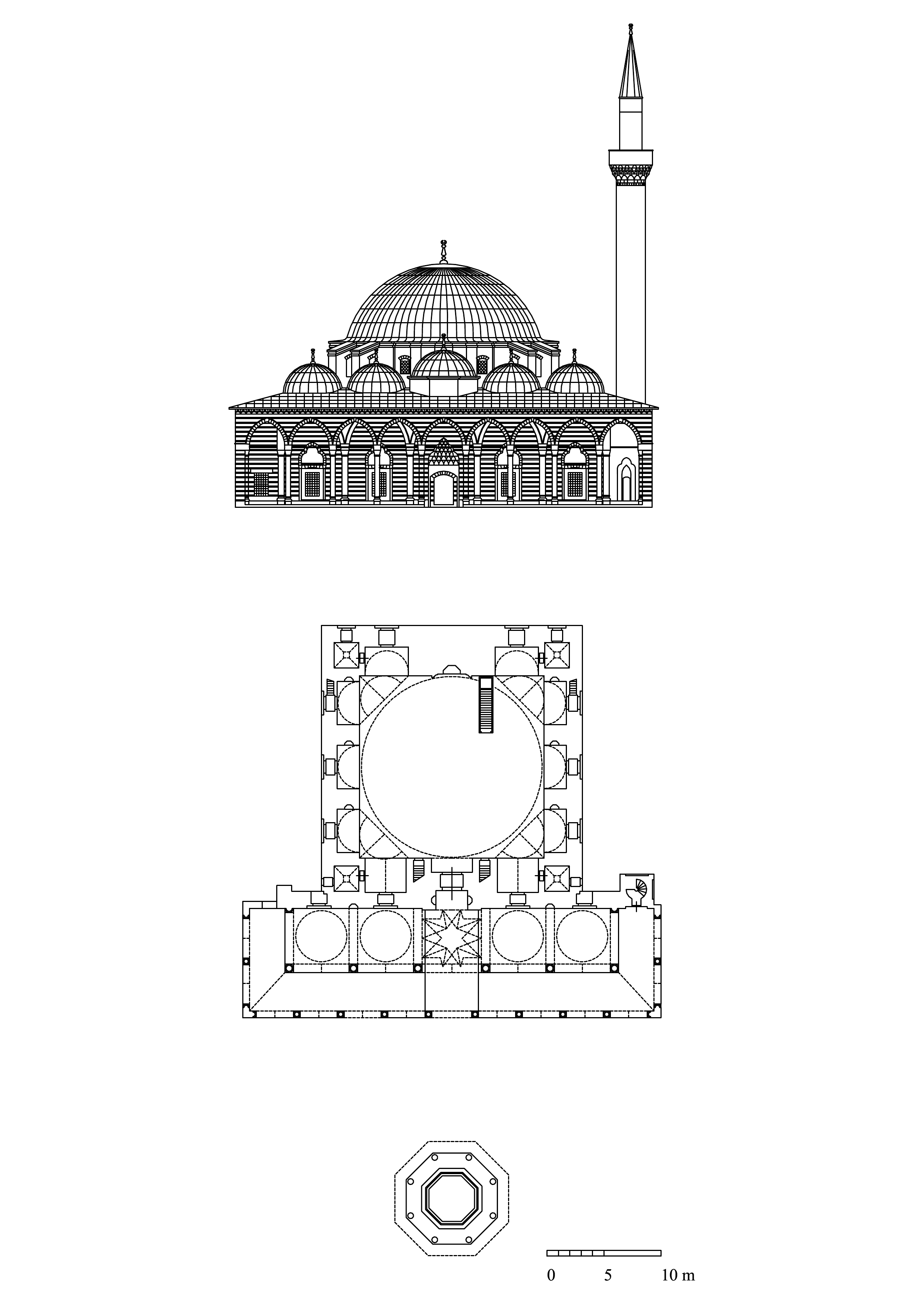 Floor plan and elevation of Behram Pasa Mosque