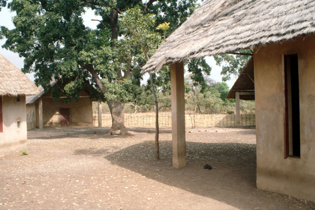 Exterior view showing mud construction and thatched roofs