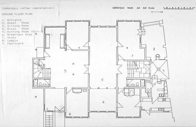 B&W drawing, ground floor plan after restoration