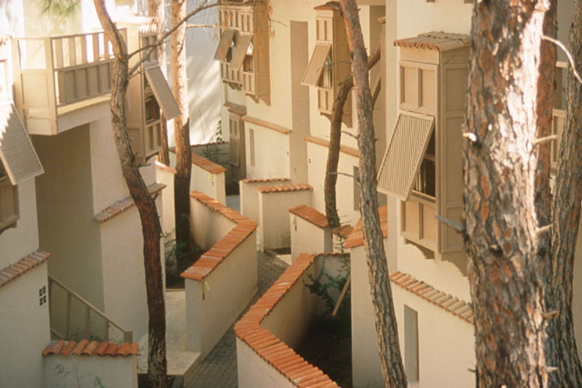 Elevated view to labyrinth of paths and lattice worked balconies