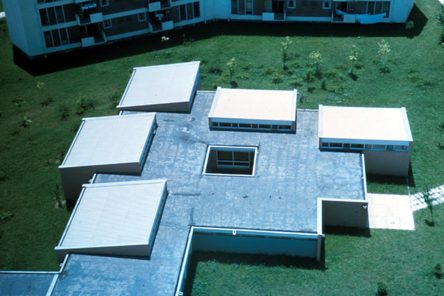 Aerial view showing partially underground classrooms