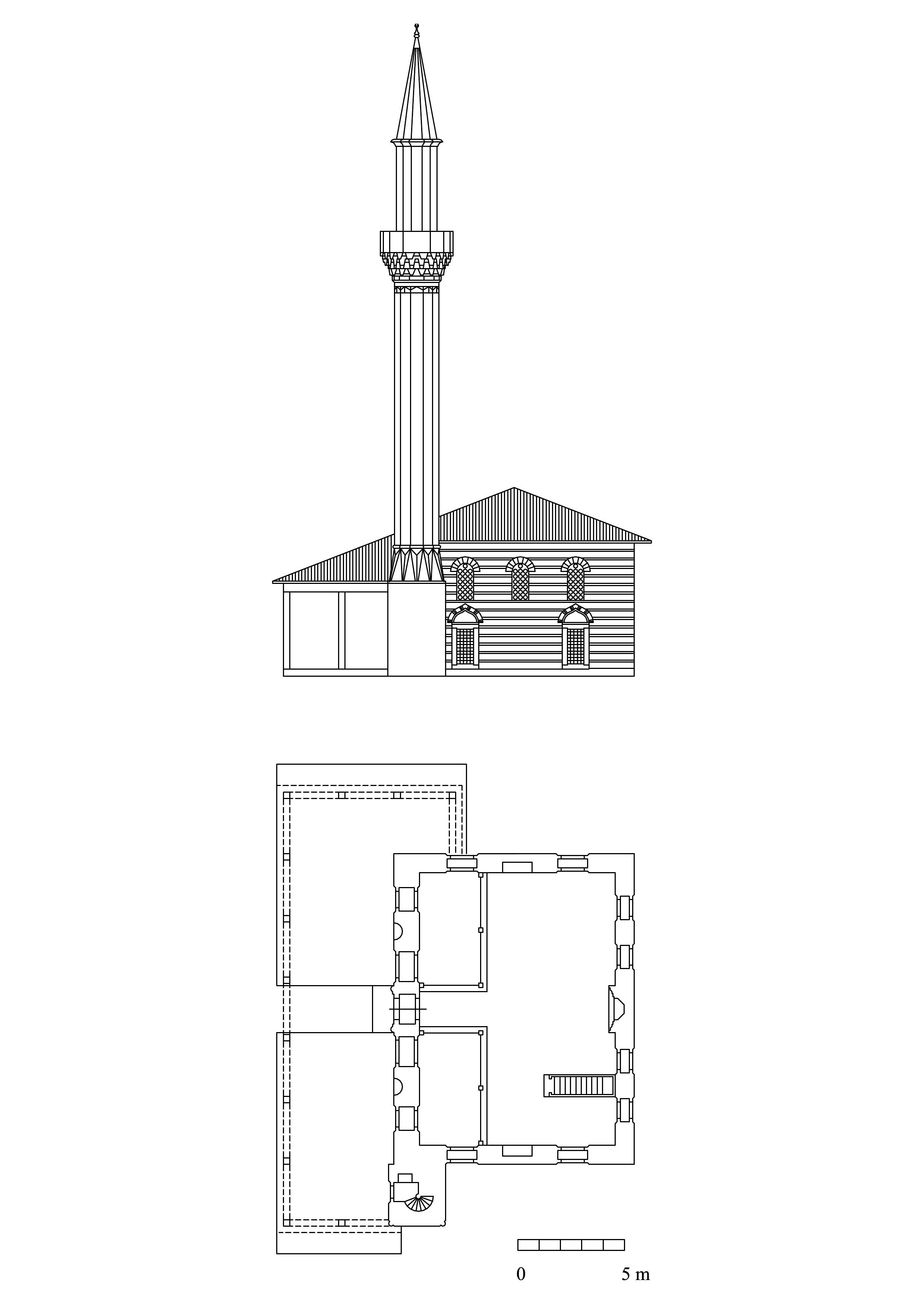 Hacı Evhad Cami - Floor plan and elevation with hypothetical reconstruction of portico. DWG file in AutoCAD 2000 format. Click the download button to download a zipped file containing the .dwg file.