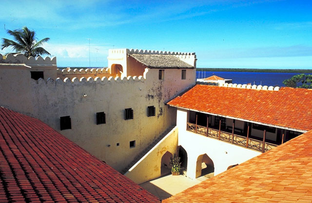 <p>Fort roof and courtyard with the harbour in the distance</p>