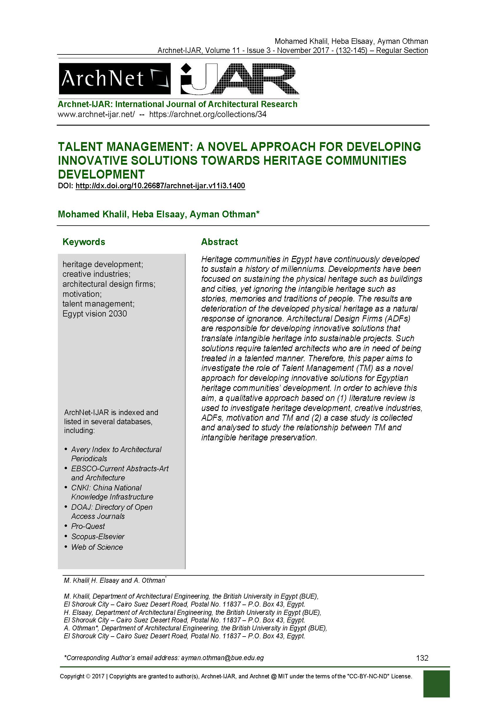 Talent Management: A Novel Approach for Developing Innovative Solutions Towards Heritage Communities Development