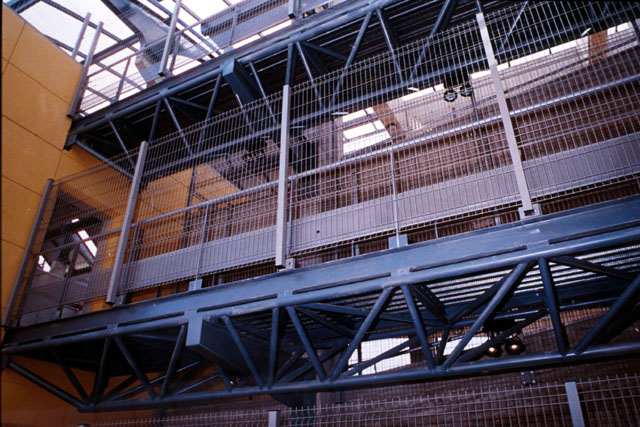 Interior view showing caged walkways between buildings