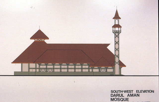 Darul Aman Mosque - Colour drawing, southwest elevation