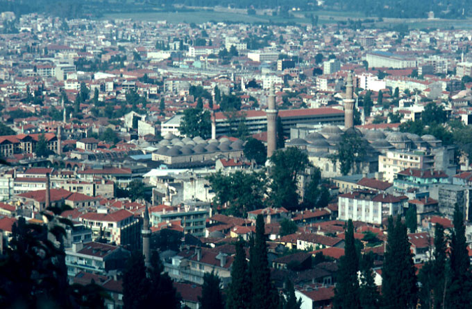 Aerial view of the old market neighborhood from southwest showing Bedesten at center and the Great Mosque to its right