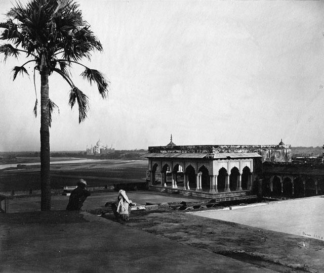 General view looking southeast at the Taj Mahal complex from the Red Fort