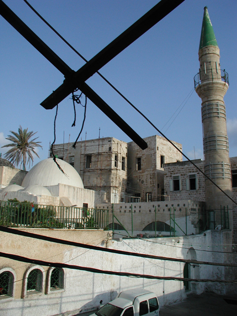 View of west façade, entrance gate and minaret
