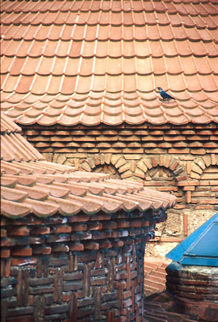Exterior detail showing dome of sogukluk (cold room), with original brickwork on the drum uncovered during restoration