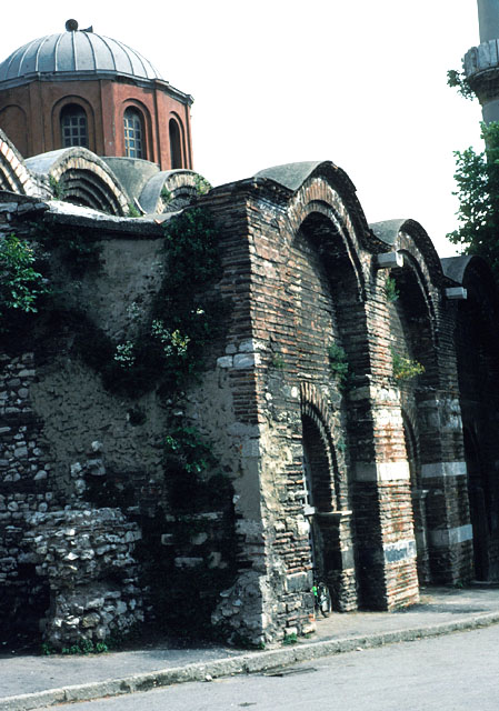 Exterior view; northern end of outer narthex with minaret partially visible on the right