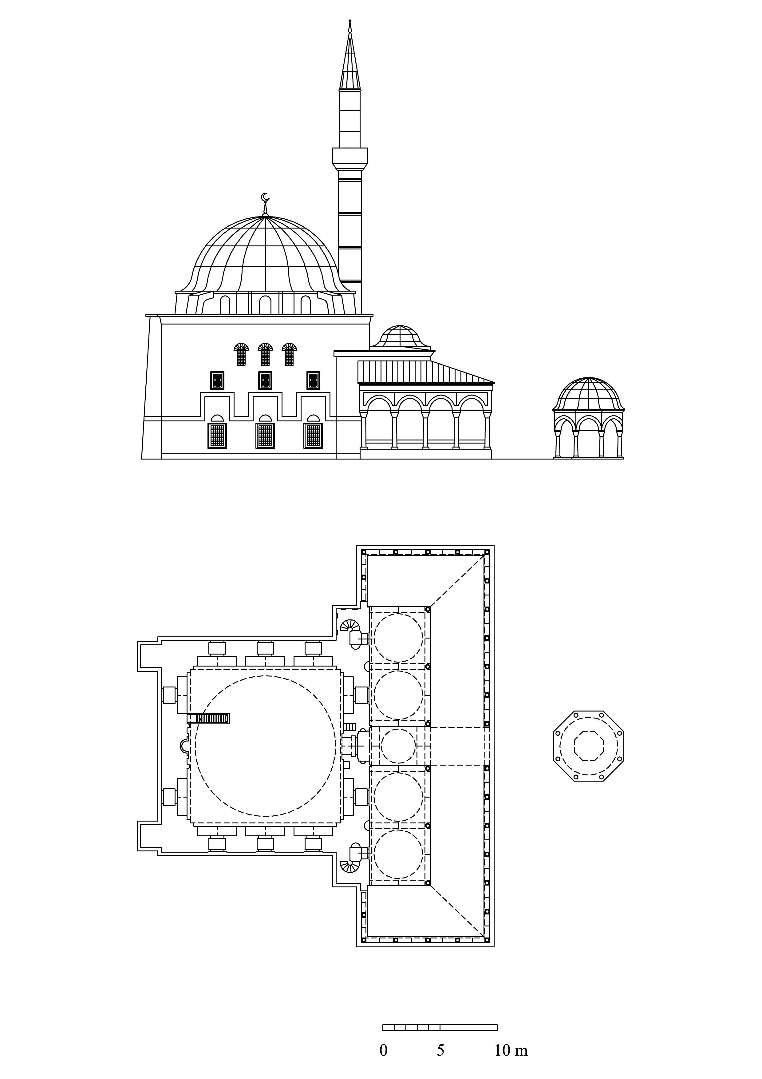 Floor plan and elevation of mosque and ablution fountain