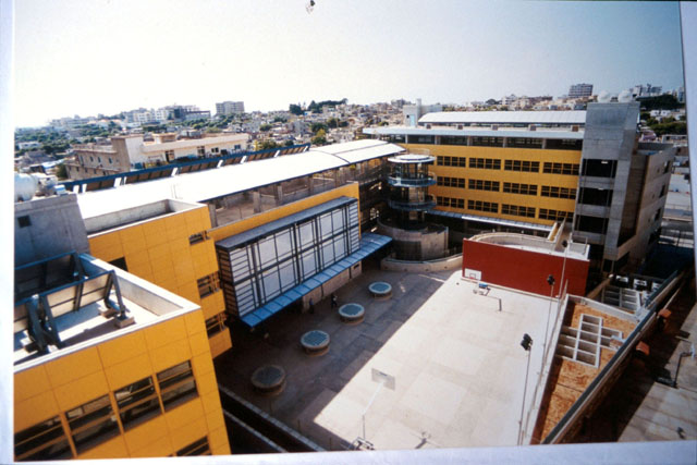 Aerial view showing classrooms surrounding courtyard