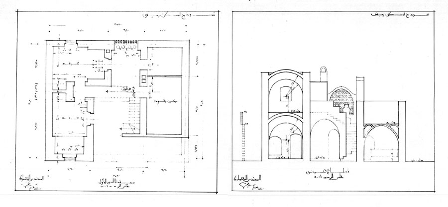Plan, section and elevation of one unit