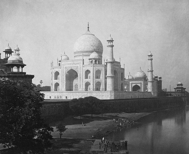 General view of the mausoleum of the Taj Mahal from east-northeast