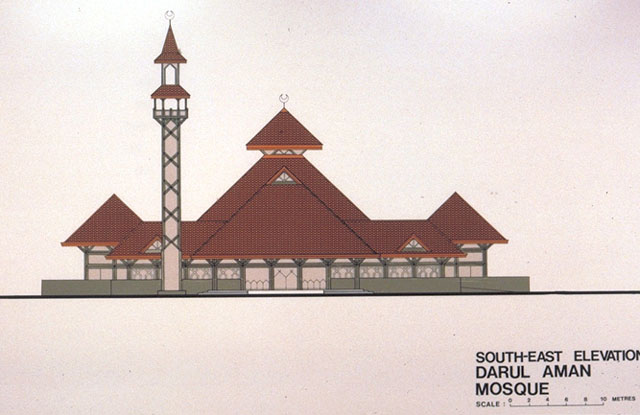 Darul Aman Mosque - Colour drawing, southeast elevation