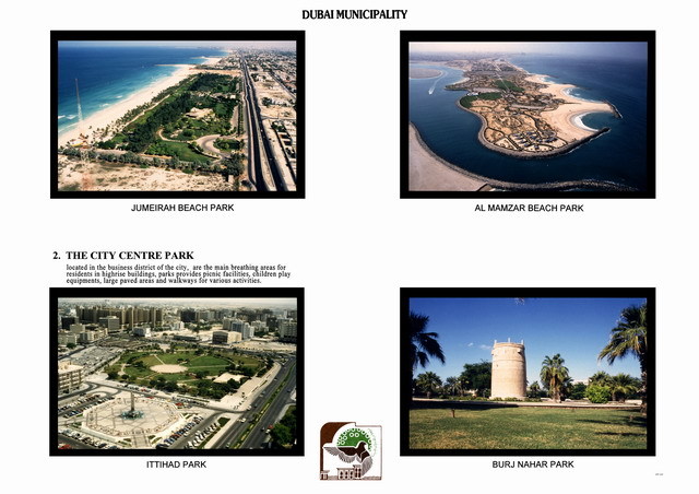 Presentation panel with four aerial views: Jumerah Beach Park, Al Mamzar Beach Park, Ittihad Park, and Burj Nahar Park