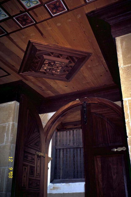 Interior detail, wooden false ceiling in entrance lobby