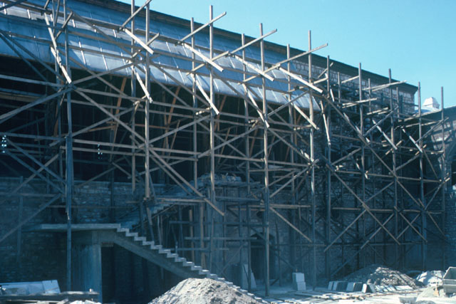 Exterior view showing scaffolding
