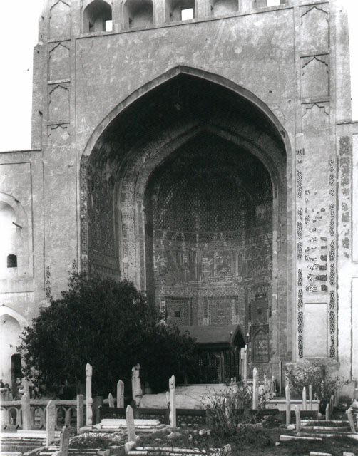 View of northeast iwan in shrine courtyard, with Ansari's tomb in front