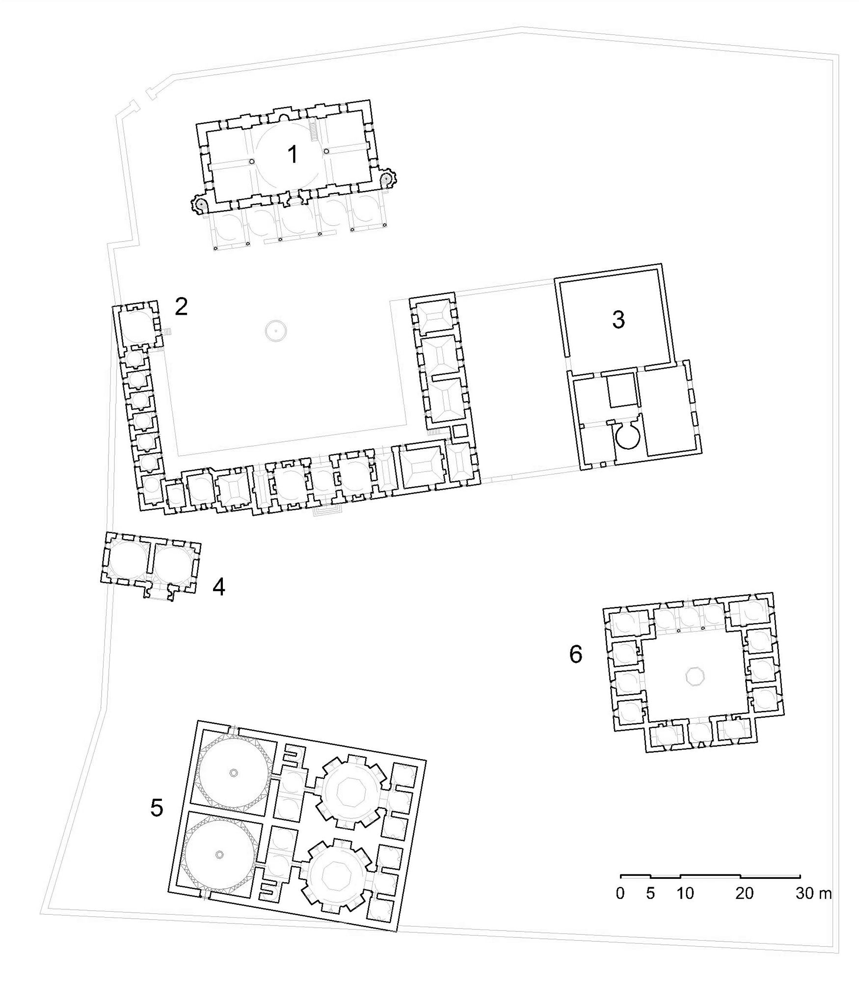 Floor plan of complex, showing  (1) mosque, (2) madrasa, (3) hospice, (4) elementary school, (5) double bath, (6) hospital