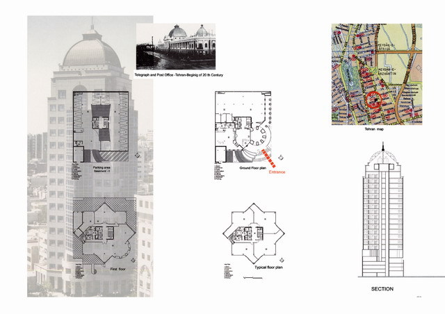 Presentation panel with location map, floor plans, and elevation and section drawings