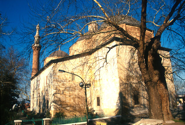 Exterior view from southwest, revealing the reverse T-plan of mosque with the protruding southern eyvan on the right