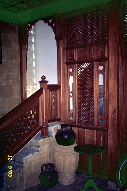 Interior detail, wooden screen and balustrade