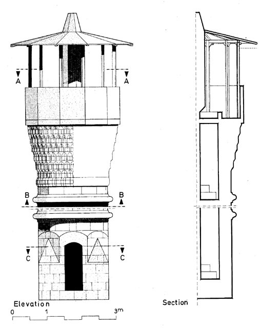 Minaret, elevation of upper section and cross-section